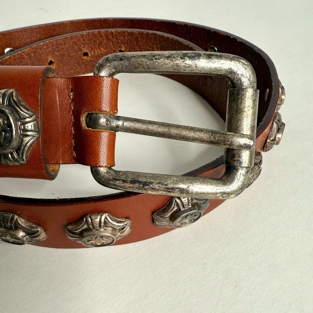 NEIMAN MARCUS Vintage Brown Leather Pewter Coastal Cowgirl Conch Belt Sz Large